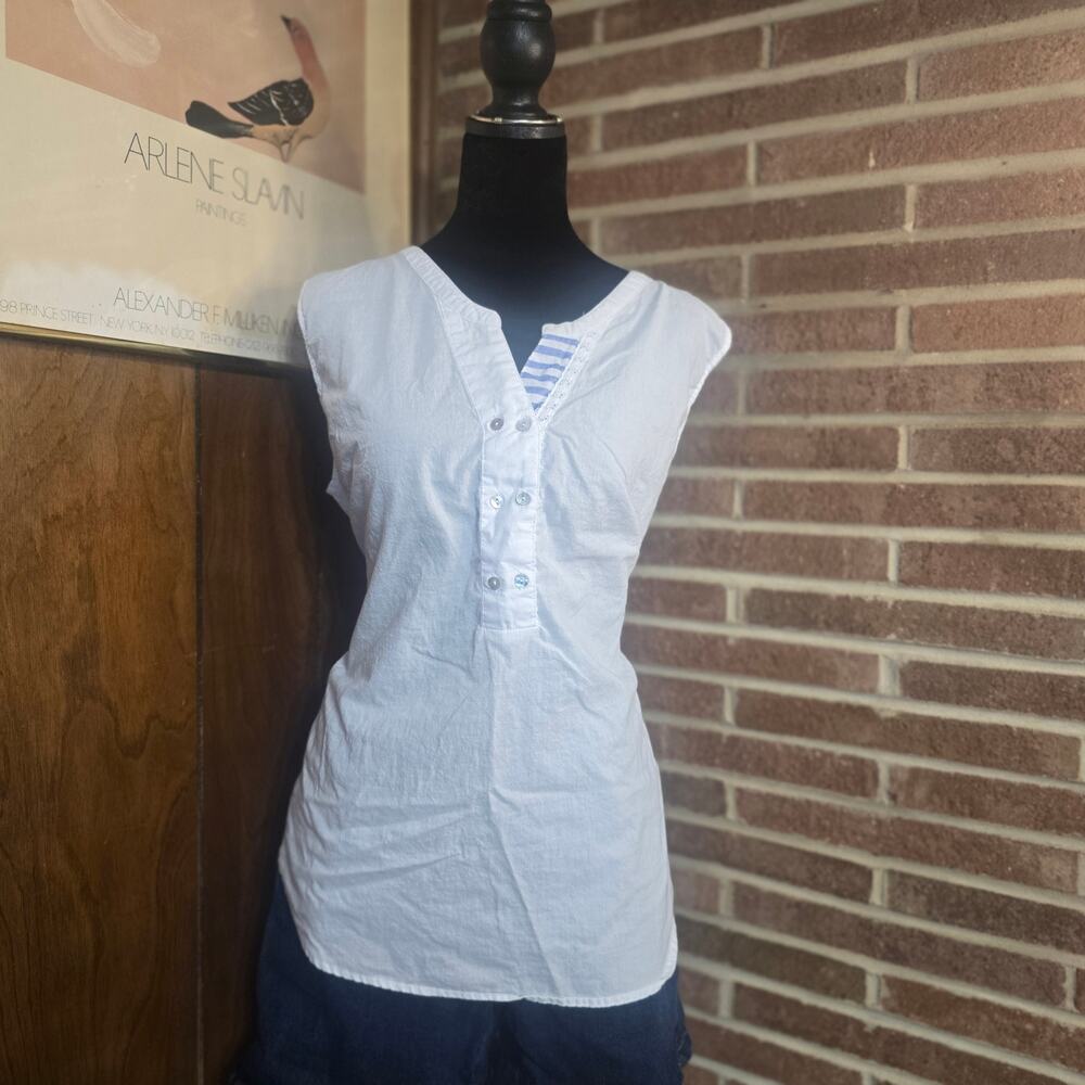 Hester & Orchard White Cotton Sleeveless Henley Tunic Top Blue Stripe Lining XL